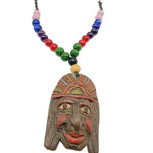 Hand-Carved Inca Face Wooden Necklace - Artisan Beaded Tribal Jewelry